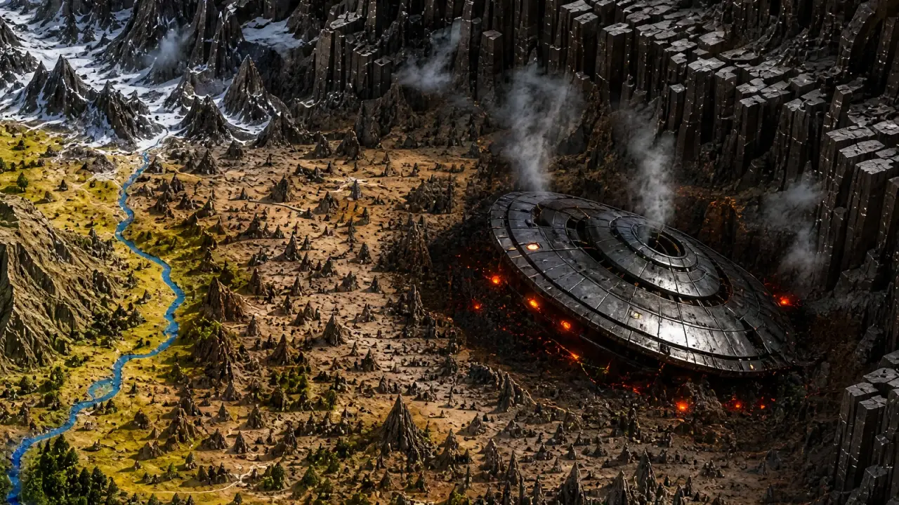The crash site on the world map — a huge saucer half-buried in the eastern badlands