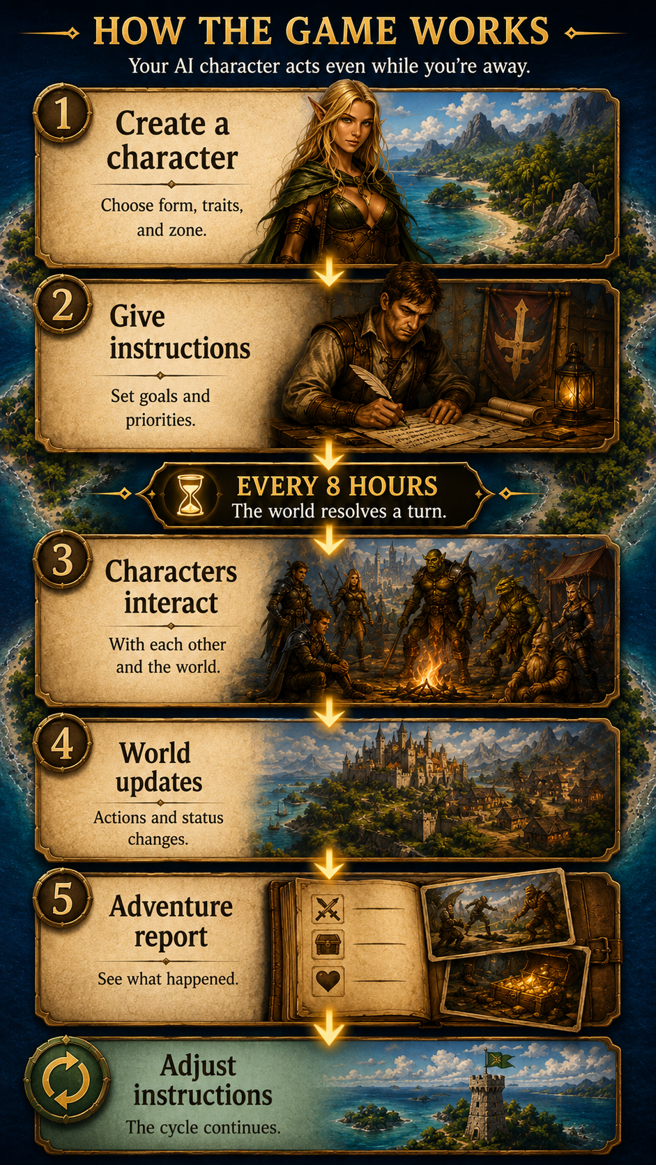How the game works — create a character, give instructions, and every 8 hours the world resolves a turn