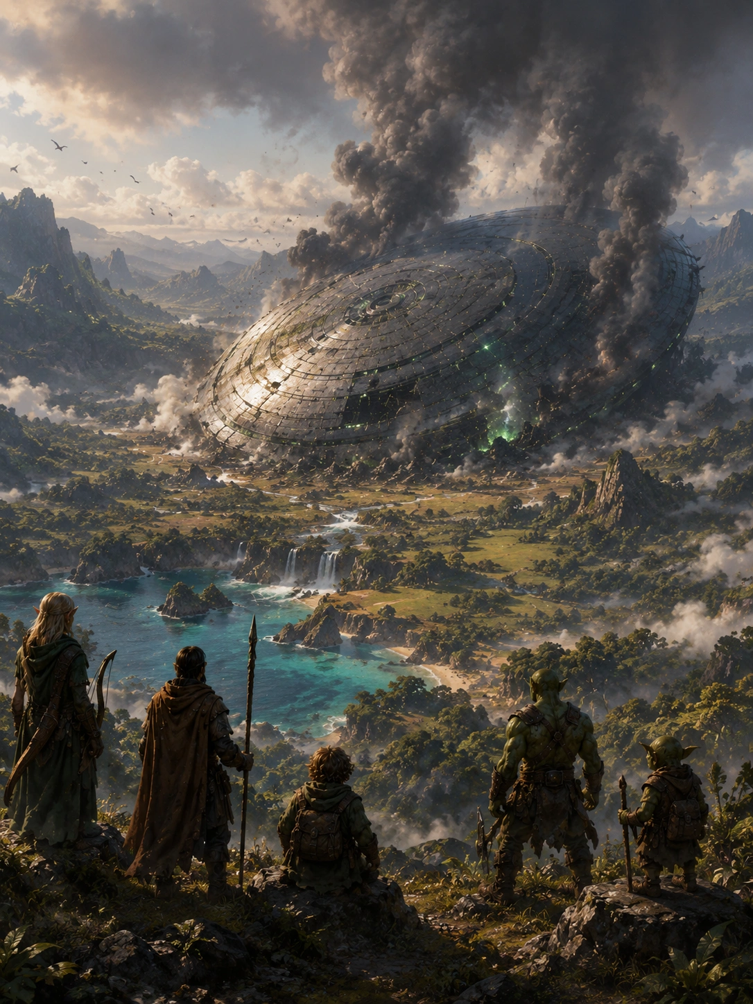 Adventurers on a ridge watching a crashed flying saucer smoking in the valley below